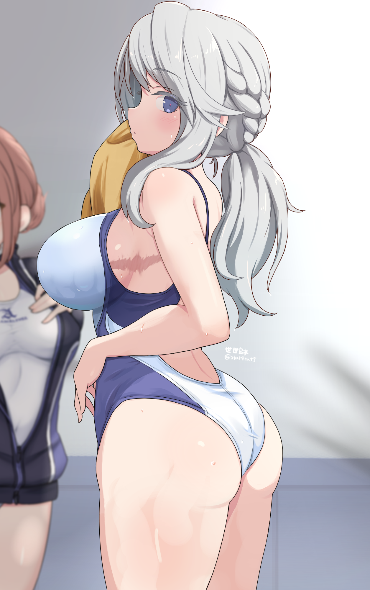 seseragi (star4rats), kondou chieri, alice gear aegis, character request, commentary request, highres, 2girls, armpit crease, artist name, ass, blue eyes, blue one-piece swimsuit, blurry, blurry background, braid, breasts, from side, grey background, grey hair, large breasts, long hair, looking at viewer, multiple girls, one-piece swimsuit, ponytail, scar, sideboob, sideways glance, solo focus, swimsuit, twitter username