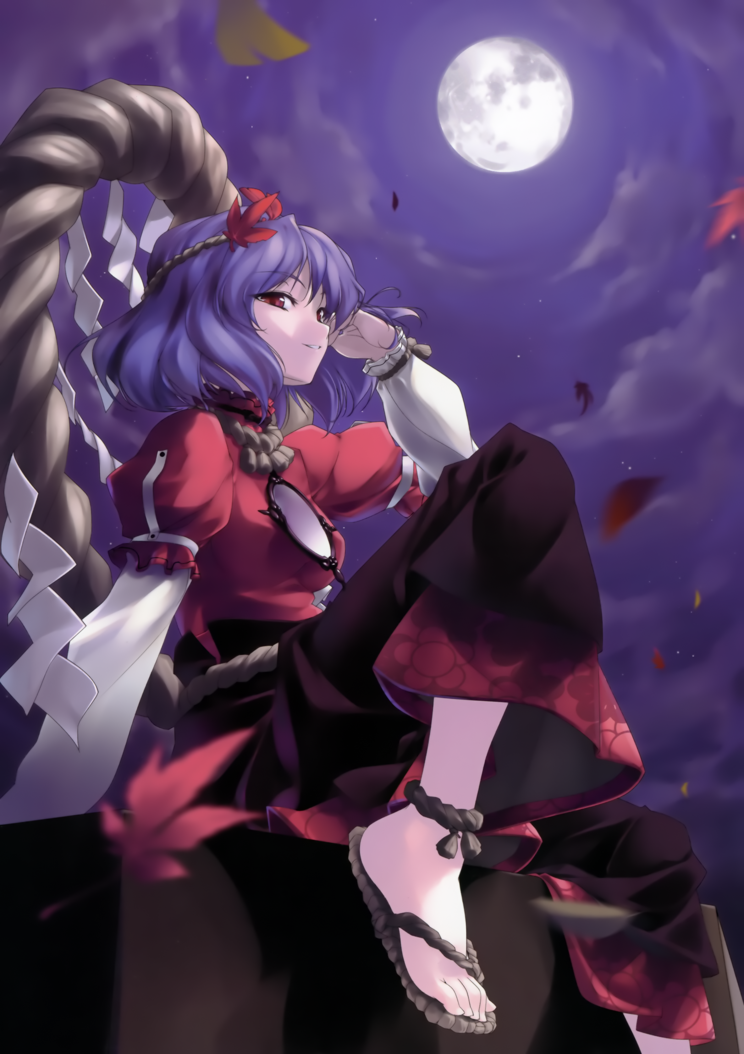 rokuwata tomoe, yasaka kanako, touhou, absurdres, highres, 1girl, anklet, barefoot, cloud, feet, female focus, hair ornament, jewelry, leaf, leaf hair ornament, moon, night, purple hair, red eyes, rope, sandals, short hair, sky, smile, solo, star (sky), starry sky, toes