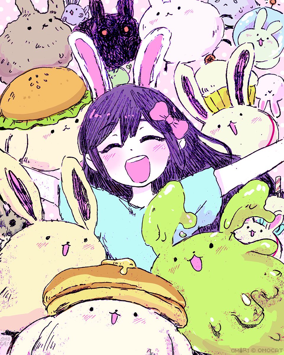omocat, aubrey (headspace) (omori), aubrey (omori), bug bunny (omori), bun bunny (omori), cupcake bunny (omori), dust bunny (omori), forest bunny? (omori), forest bunny (omori), ghost bunny (omori), pancake bunny (omori), slime bunny (omori), snow bunny (omori), space bunny (omori), sprout bunny (omori), omori, commentary, english commentary, highres, 1girl, animal ears, blue shirt, blush, bow, closed eyes, colored skin, fish bunny (omori), hair bow, kemonomimi mode, long hair, milkshake bunny (omori), open mouth, outstretched arms, pink bow, purple hair, rabbit ears, rabbit girl, shirt, short sleeves, smile, solo, t-shirt, teeth, upper body, upper teeth only, white skin
