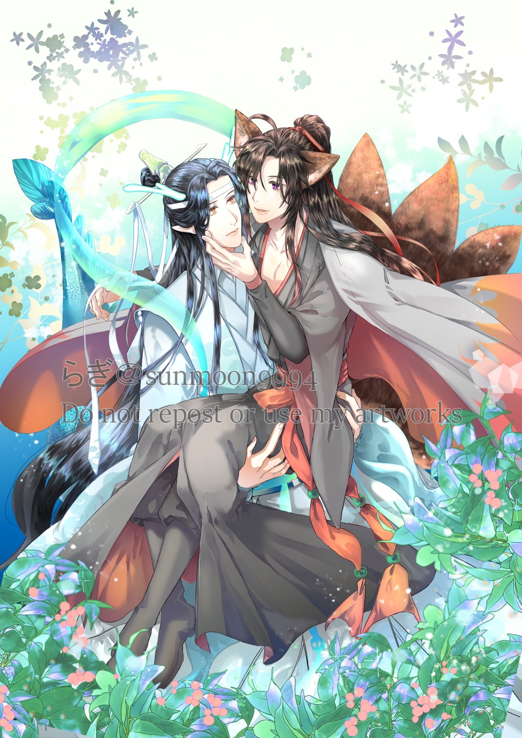 lan wangji, wei wuxian, wei wuxian (yiling laozu), modao zushi, hashtag-only commentary, highres, 2boys, adapted costume, ahoge, alternate hairstyle, animal ears, bishounen, black boots, black hair, black hanfu, black pants, blue shawl, boots, brown hair, carrying, chinese clothes, closed mouth, coat, coat on shoulders, couple, dragon boy, dragon horns, dragon tail, eastern dragon horns, eastern dragon tail, eye contact, flower, fox boy, fox ears, fox tail, full body, grey coat, hagoromo, hair ribbon, half updo, hand on another's chin, hanfu, headband, horns, kemonomimi mode, kitsune, kyuubi, leaf, light particles, long hair, long sleeves, looking at another, male focus, multiple boys, multiple tails, official alternate costume, pants, parted lips, pink flower, pointy ears, ponytail, princess carry, purple eyes, red ribbon, red sash, ribbon, ribboned xiao guan, robe, sash, shawl, sidelocks, sitting, sitting on lap, sitting on person, smile, standing, sunmoon9994, tail, topknot, very long hair, watermark, white headband, white ribbon, wide sleeves, xiao guan (headdress), yaoi, yellow eyes