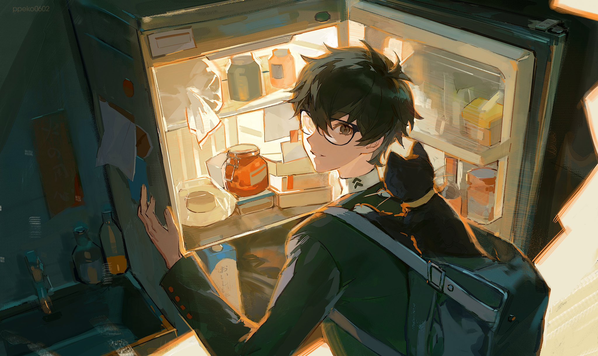 amamiya ren, morgana (cat) (persona 5), morgana (persona 5), persona, persona 5, commentary, english commentary, highres, 1boy, arm up, bag, black-framed eyewear, black bag, black hair, black jacket, box, buttoned cuffs, buttons, cat, closed mouth, collared shirt, crossed bangs, drink carton, glasses, grey eyes, jacket, jar, long sleeves, looking at viewer, looking back, male focus, milk carton, plastic bag, ppeko0602, school uniform, shirt, short hair, shuujin academy school uniform, sink, smile, white shirt, yellow collar