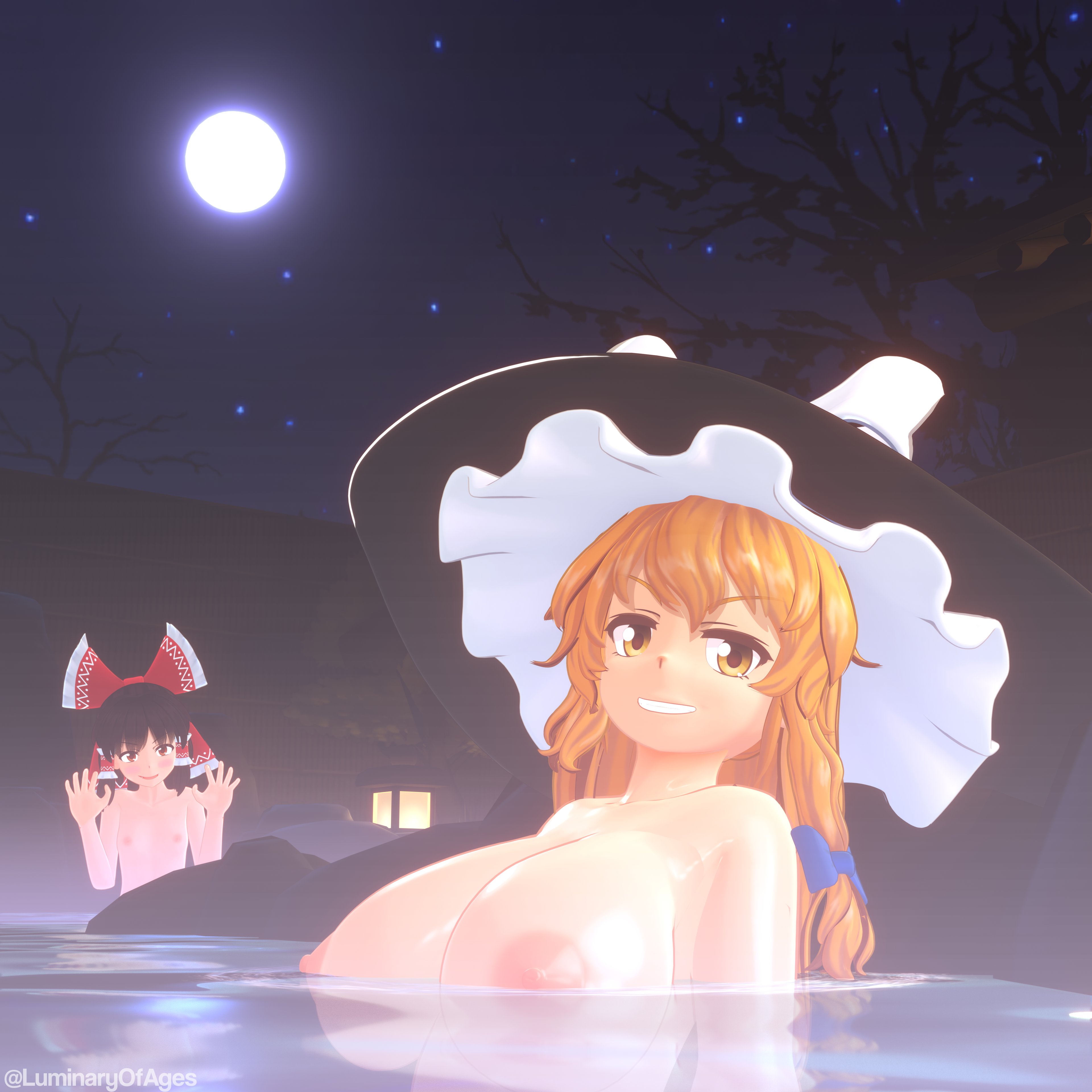 hakurei reimu, kirisame marisa, touhou, absurdres, commentary, english commentary, highres, 2girls, 3d, artist name, bare shoulders, blonde hair, blush, bow, frilled bow, frilled hair tubes, frills, full moon, hair bow, hair tubes, hat, hat bow, long hair, luminaryofages, moon, multiple girls, night, nipples, nude, onsen, open mouth, outdoors, red eyes, short hair, water, white bow, yellow eyes