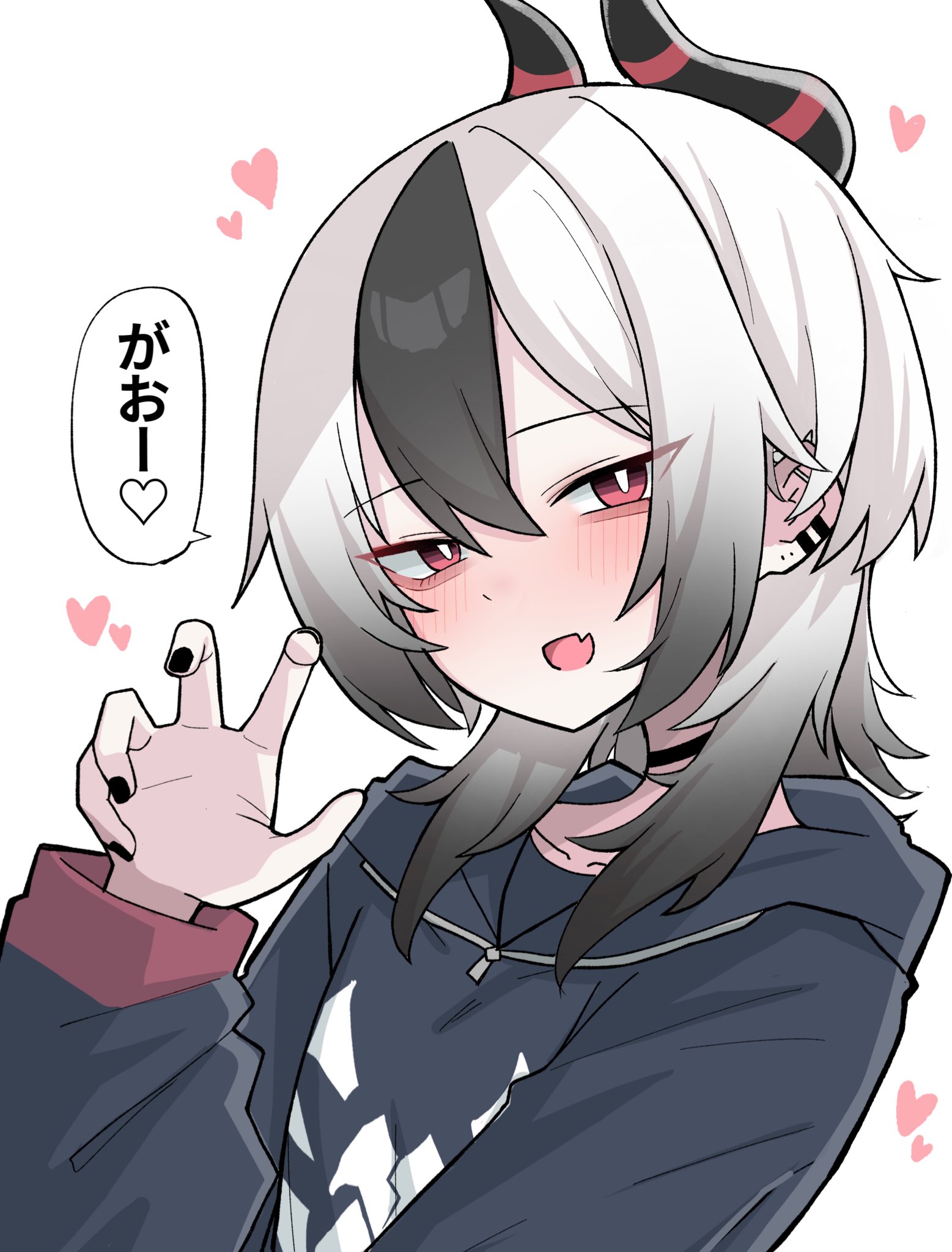 nyanzai-sensei, kayoko (blue archive), blue archive, commentary request, highres, translation request, 1girl, black choker, black hair, black hoodie, black horns, black nails, blush, bright pupils, choker, claw pose, fang, from above, hair between eyes, heart, hood, hoodie, horns, long sleeves, looking at viewer, looking to the side, multicolored hair, open mouth, red eyes, simple background, skin fang, smile, solo, speech bubble, two-tone hair, upper body, white background, white hair, white pupils