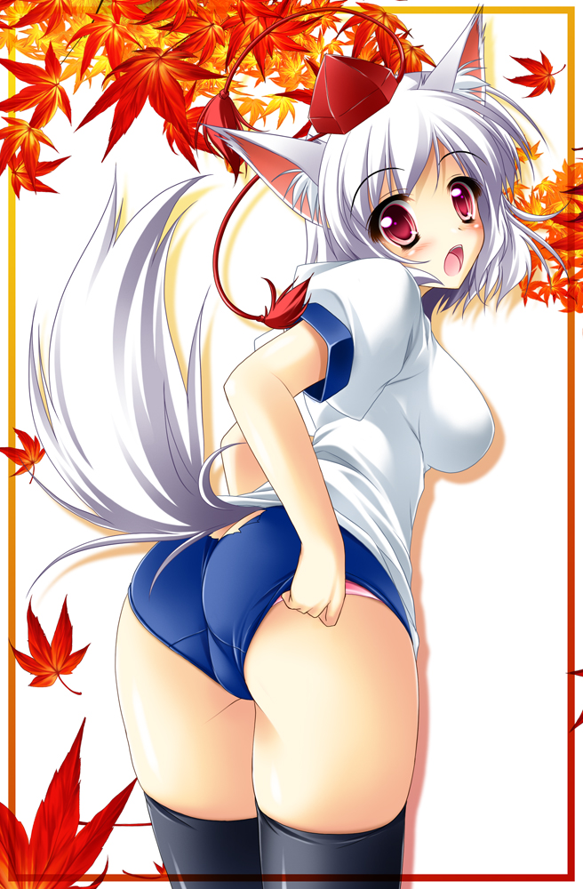 kamiya tomoe, inubashiri momiji, touhou, silver hair, 1girl, adjusting clothes, adjusting panties, alternate costume, animal ears, ass, blush, breasts, buruma, butt crack, embarrassed, female focus, gym uniform, hat, leaf, maple leaf, open mouth, panties, red eyes, short hair, solo, tail, thighhighs, tokin hat, torn clothes, trefoil, underwear, wolf ears, wolf tail