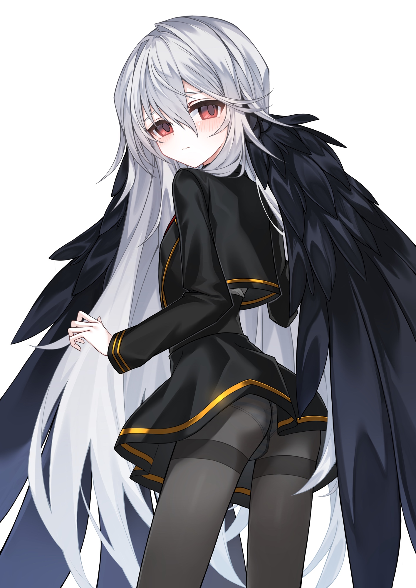 original, commentary request, highres, 1girl, angel wings, ass, black jacket, black pantyhose, black skirt, black wings, blush, breasts, fallen angel, from behind, ikex3f, jacket, long hair, looking at viewer, looking back, open mouth, panties, panties under pantyhose, pantyhose, red eyes, simple background, skirt, small breasts, solo, underwear, very long hair, white background, white hair, wings