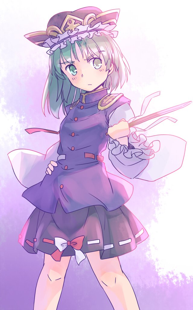 rangycrow, shiki eiki, touhou, commentary request, 1girl, :/, asymmetrical clothes, black skirt, blue shirt, blush, epaulettes, feet out of frame, frilled hat, frills, gradient background, green eyes, green hair, hand on own hip, hand up, hat, holding, holding rod, knees, long sleeves, medium hair, one-hour drawing challenge, purple background, red ribbon, ribbon, rod, shirt, sideways glance, skirt, solo, white ribbon, white sleeves