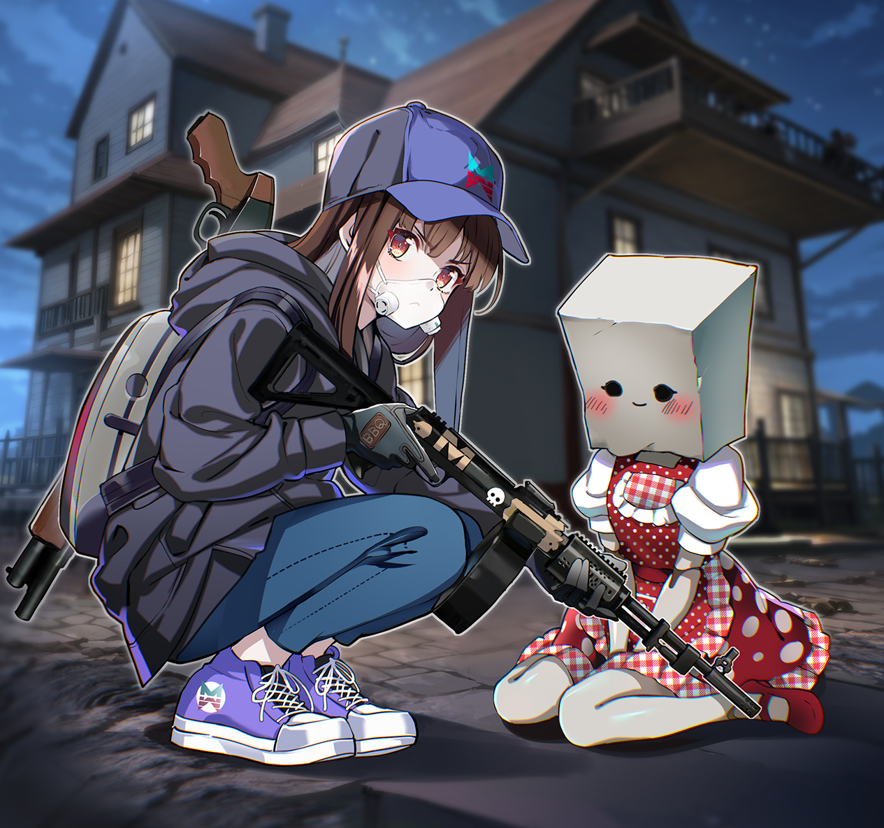 nyoro (nyoronyoro000), original, chinese commentary, commentary request, weapon request, 2girls, android, backpack, bag, bag over head, baseball cap, black gloves, blue pants, blurry, blurry background, blush, brown eyes, brown hair, building, covered mouth, denim, depth of field, dress, gloves, grey hoodie, grey outline, gun, hat, holding, holding gun, holding weapon, hood, hood down, hoodie, house, jeans, long hair, long sleeves, looking at viewer, looking to the side, mary janes, mask, mouth mask, multiple girls, night, on ground, outline, pants, paper bag, polka dot, polka dot dress, purple eyes, purple shoes, red dress, red shoes, rifle, serious, shoes, short sleeves, sitting, sneakers, squatting, straight hair, turning head, v-shaped eyebrows, wariza, weapon, white sleeves