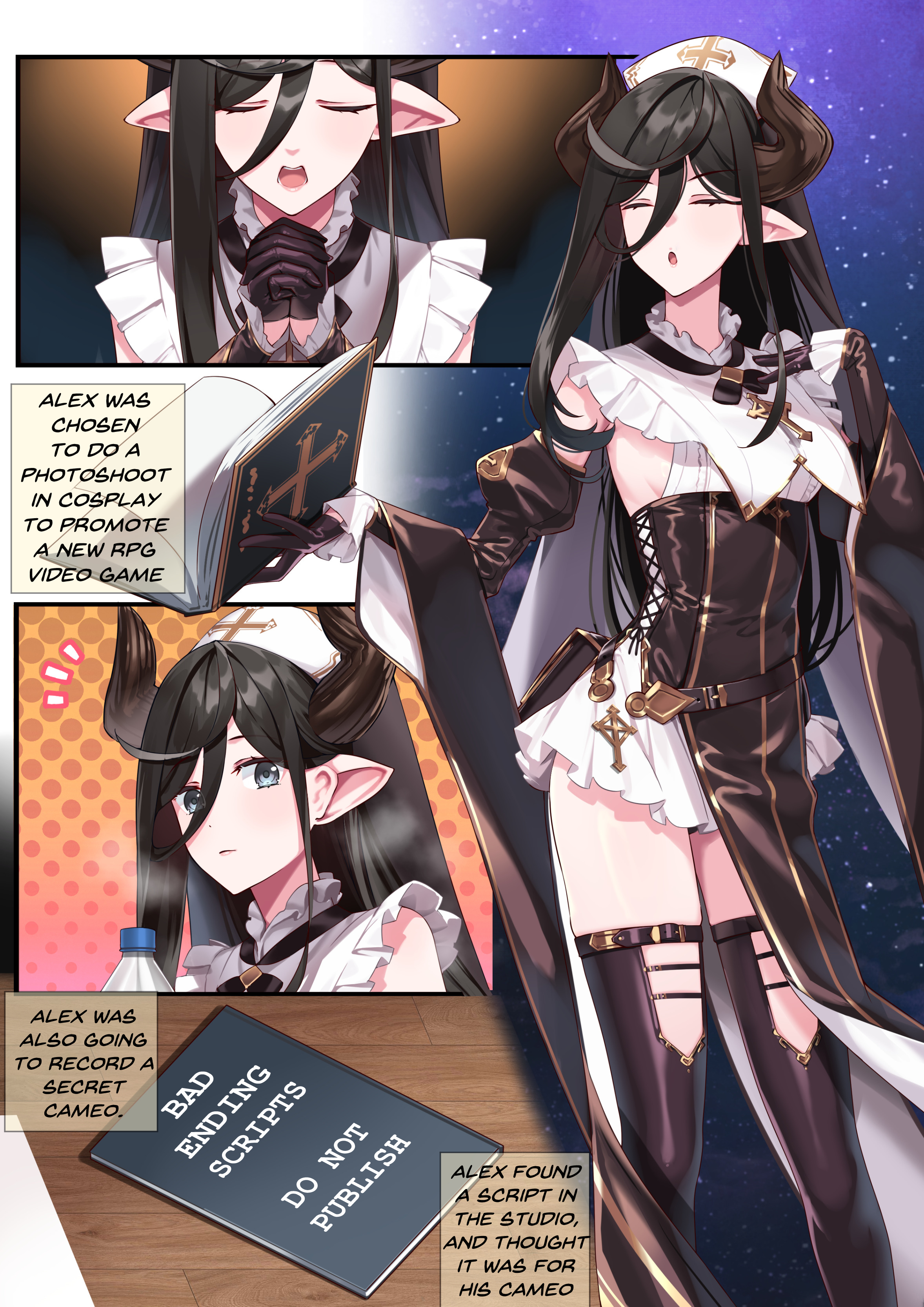 hiememiko, original, absurdres, commentary, english commentary, highres, second-party source, 1boy, artistic error, black hair, blue eyes, book, boots, closed eyes, crossdressing, crossdressing (mtf), detached sleeves, english text, gloves, half gloves, hand on own chest, holding, holding book, horns, long hair, own hands clasped, own hands together, pelvic curtain, pointy ears, thigh boots, trap, very long hair, wide sleeves