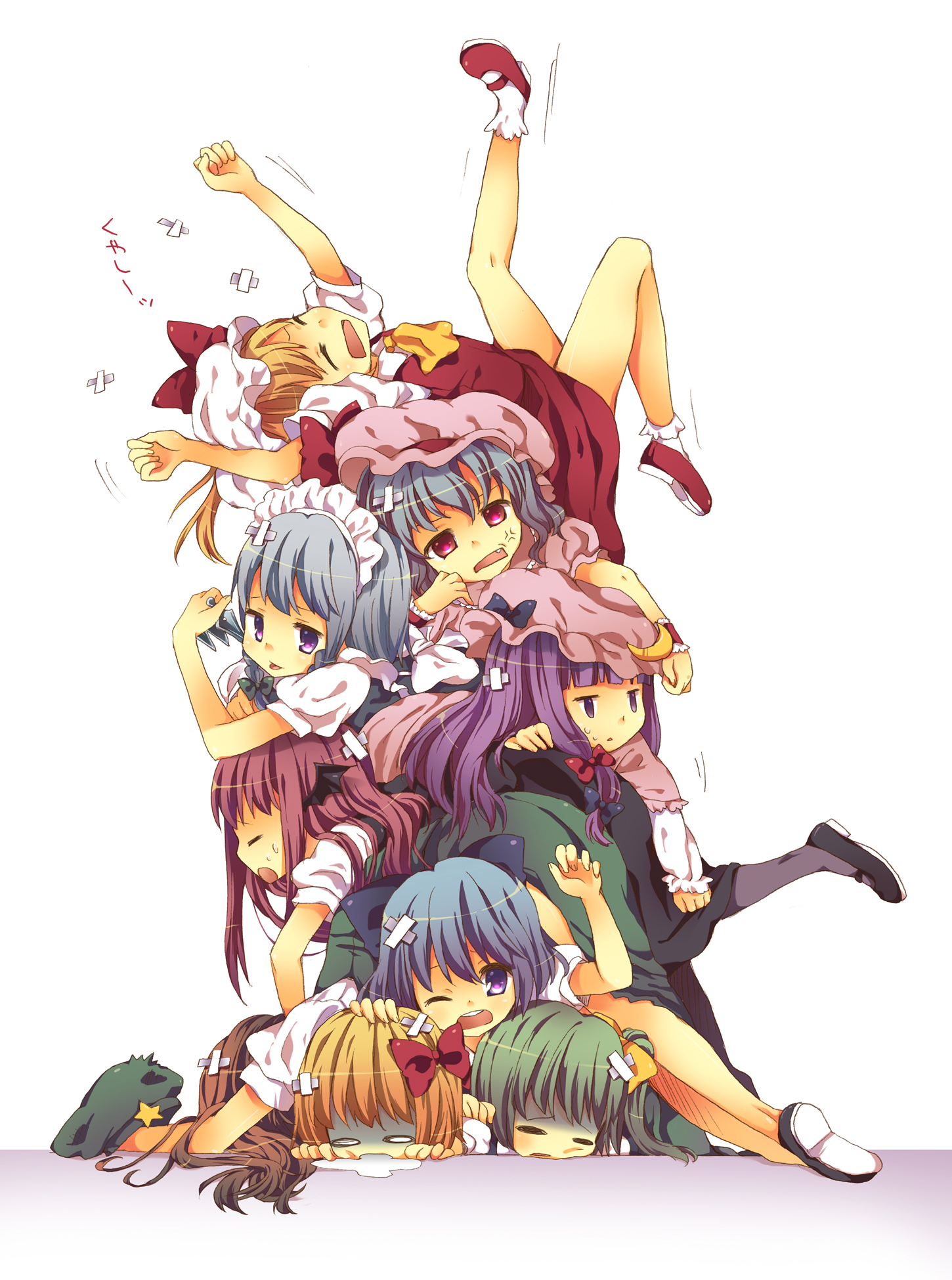 maki (natoriumu), cirno, daiyousei, flandre scarlet, hong meiling, izayoi sakuya, koakuma, patchouli knowledge, remilia scarlet, rumia, embodiment of scarlet devil, touhou, bad id, bad pixiv id, highres, 6+girls, anger vein, annoyed, bandages, bandaid, blonde hair, closed eyes, dogpile, gloom (expression), green hair, jitome, multiple girls, o o, open mouth, purple eyes, purple hair, saliva, shaded face, star (symbol), white background