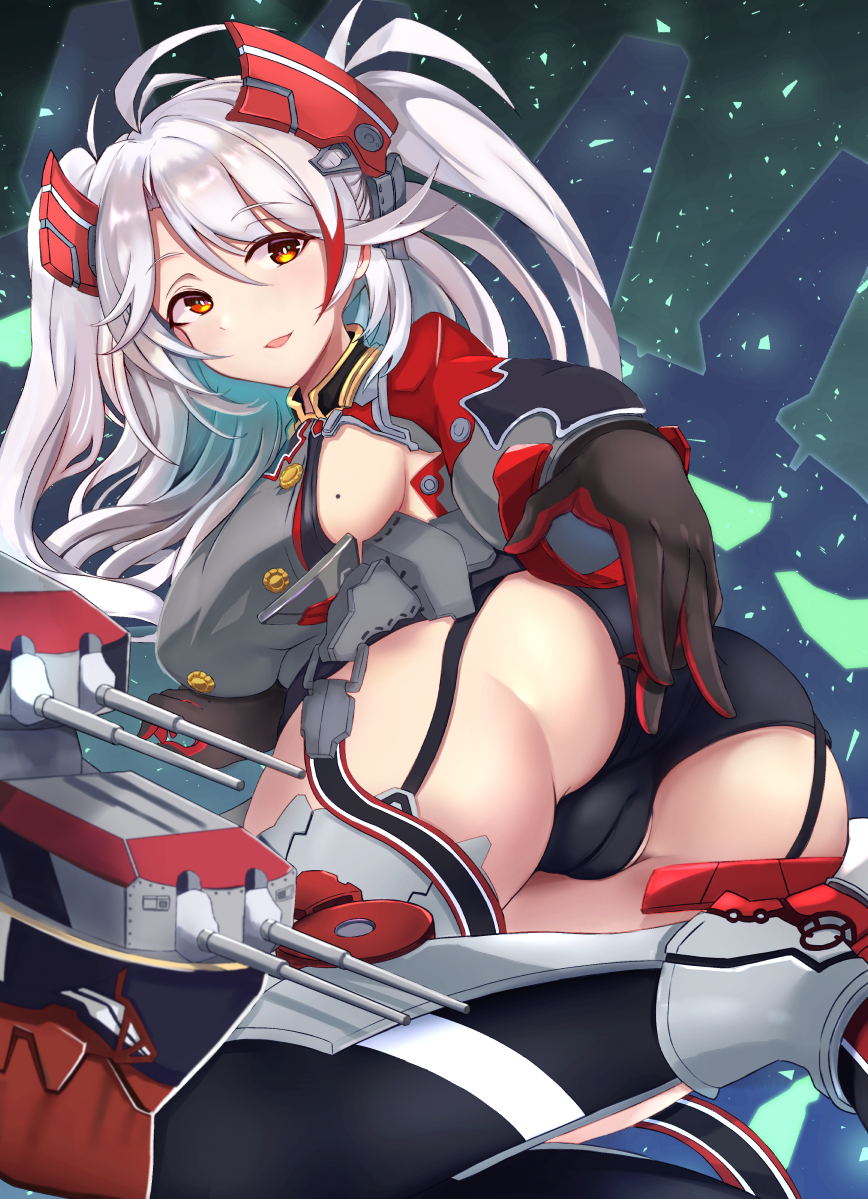 honyara-san, prinz eugen (azur lane), azur lane, commentary request, 1girl, ass, black garter straps, black gloves, black panties, black thighhighs, breasts, buttons, double-breasted, garter straps, gloves, headgear, large breasts, mole, mole on breast, multicolored gloves, orange eyes, panties, red gloves, red streaks, rigging, ship turret, sideboob, solo, thighhighs, two-tone gloves, underwear, white hair