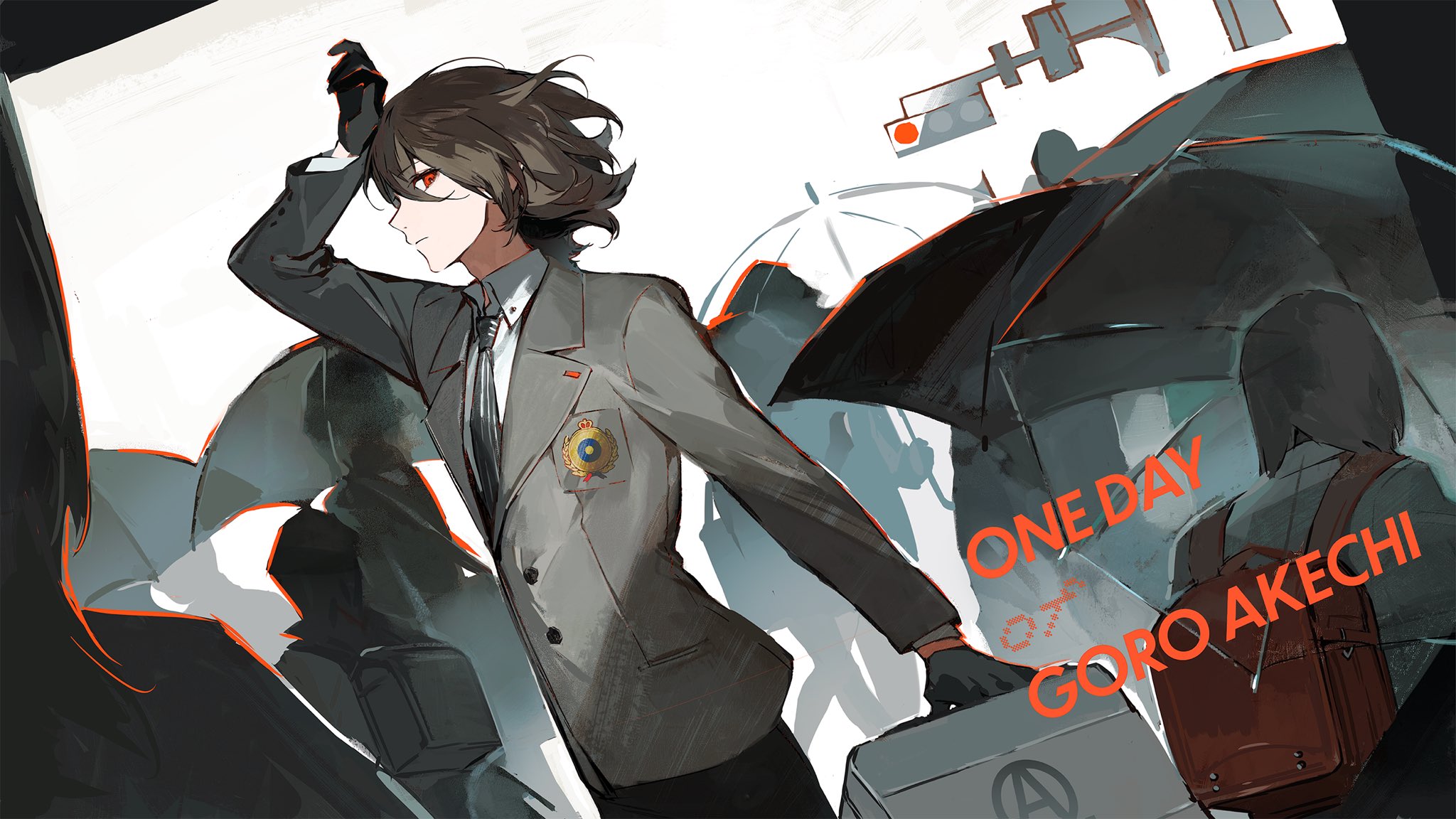 akechi gorou, persona, persona 5, commentary, english commentary, highres, 1boy, 6+others, arm up, black gloves, black necktie, black pants, brown hair, collared shirt, emblem, gloves, holding, holding suitcase, holding umbrella, lapels, layered sleeves, long sleeves, looking back, looking to the side, male focus, multiple others, necktie, notched lapels, open collar, pants, parted bangs, people, ppeko0602, red eyes, shirt, solo focus, suitcase, umbrella, white shirt