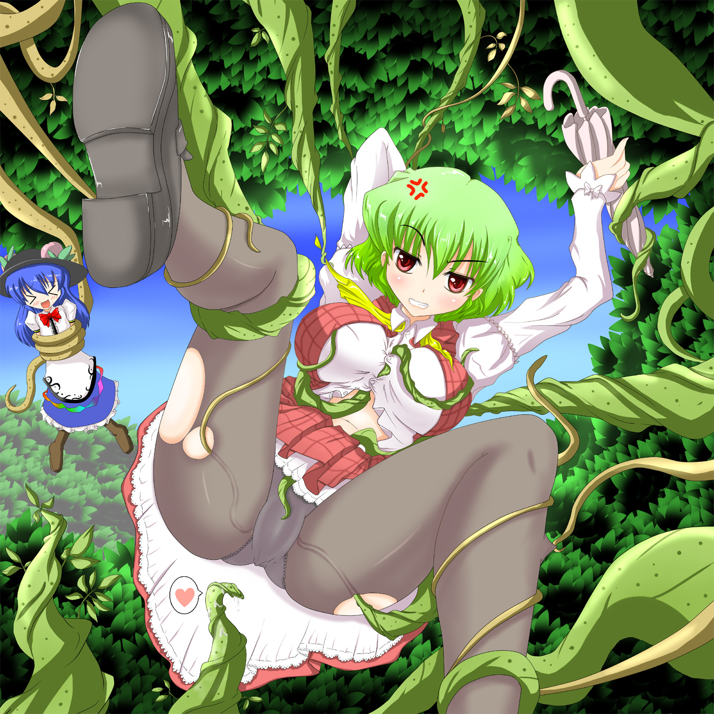kado, hinanawi tenshi, kazami yuuka, touhou, torn legwear, highres, > <, 2girls, anger vein, blue hair, breasts, bursting breasts, clenched teeth, closed eyes, closed umbrella, female focus, food, fruit, green hair, hat, impossible clothes, impossible shirt, large breasts, long hair, multiple girls, panties, panties under pantyhose, pantyhose, peach, plaid clothes, plaid skirt, plaid vest, plant, red eyes, shirt, short hair, skirt, skirt set, teeth, tentacles, torn clothes, umbrella, underwear, vest, vines
