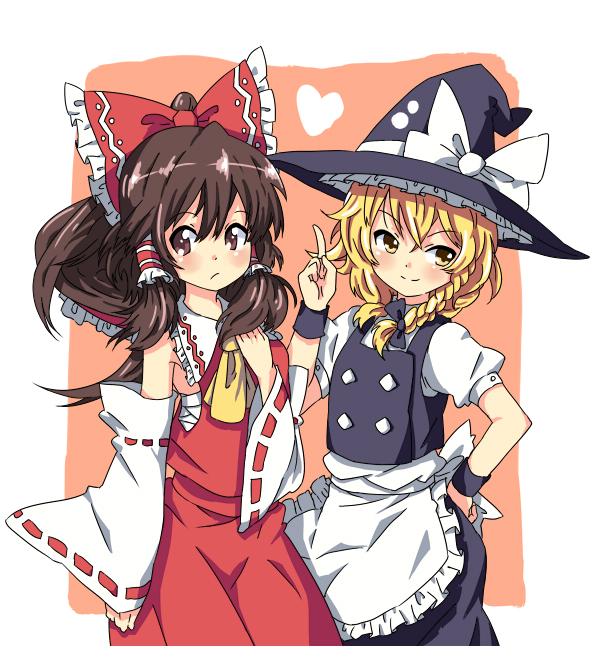 fine (artist), hakurei reimu, kirisame marisa, touhou, bad id, bad pixiv id, 2girls, blonde hair, bow, braid, brown hair, detached sleeves, female focus, hat, japanese clothes, miko, multiple girls, short hair, witch, witch hat, yellow eyes