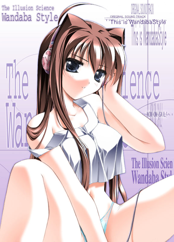 nomal, fuyude yuri, wandaba style, 00s, ahoge, blue eyes, blue panties, brown hair, headphones, long hair, midriff, panties, sitting, solo, strap slip, tank top, underwear