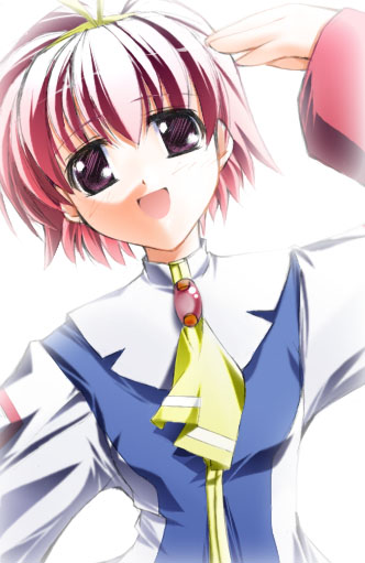 nomal, kiku 8, wandaba style, 00s, android, blush, neckerchief, pink eyes, pink hair, school uniform, smile, solo