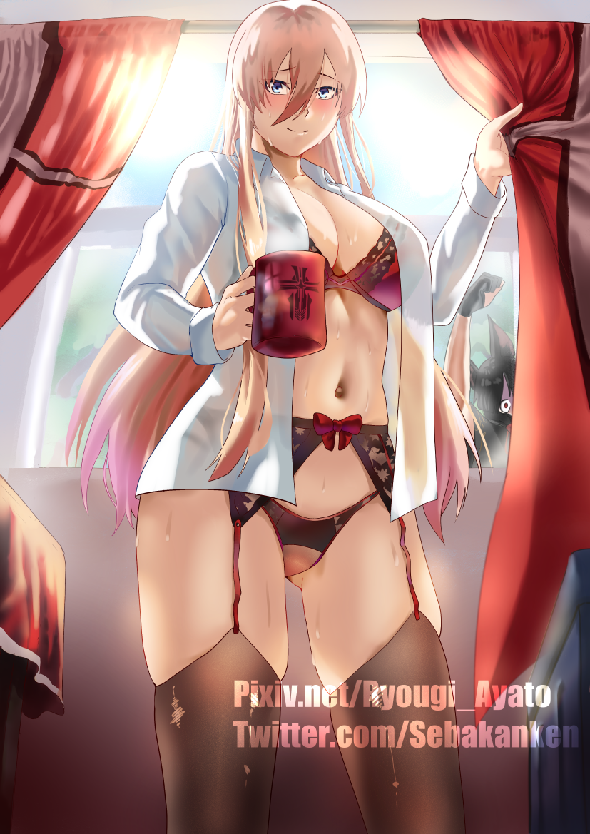 sebakanken, akagi (azur lane), bismarck (azur lane), azur lane, commentary request, 2girls, backlighting, black thighhighs, blonde hair, blue eyes, bra, breasts, cup, garter straps, hair between eyes, iron blood (emblem), large breasts, lingerie, long hair, long hair between eyes, multiple girls, navel, open clothes, open shirt, panties, shirt, smile, thighhighs, underwear, window