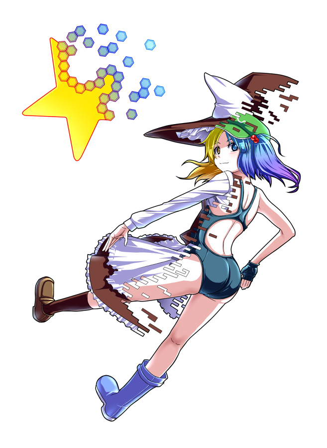 mendou saya, kawashiro nitori, kirisame marisa, touhou, 1girl, ass, blonde hair, blue eyes, blue hair, blue theme, competition swimsuit, digital dissolve, disguise, female focus, fingerless gloves, fusion, gloves, hair bobbles, hair ornament, hat, heterochromia, matching hair/eyes, multicolored hair, one-piece swimsuit, solo, swimsuit, two side up, yellow eyes