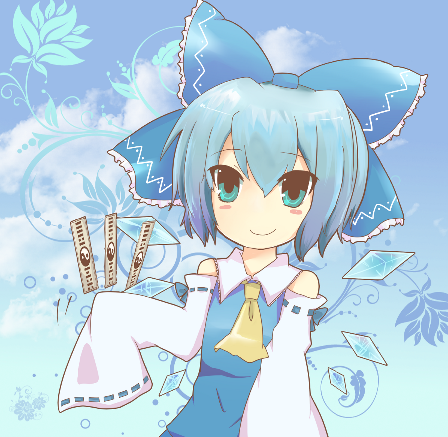 nagasan, cirno, hakurei reimu, touhou, bad id, bad pixiv id, alternate costume, ascot, blue eyes, blue hair, cosplay, hakurei reimu (cosplay), solo, yellow ascot