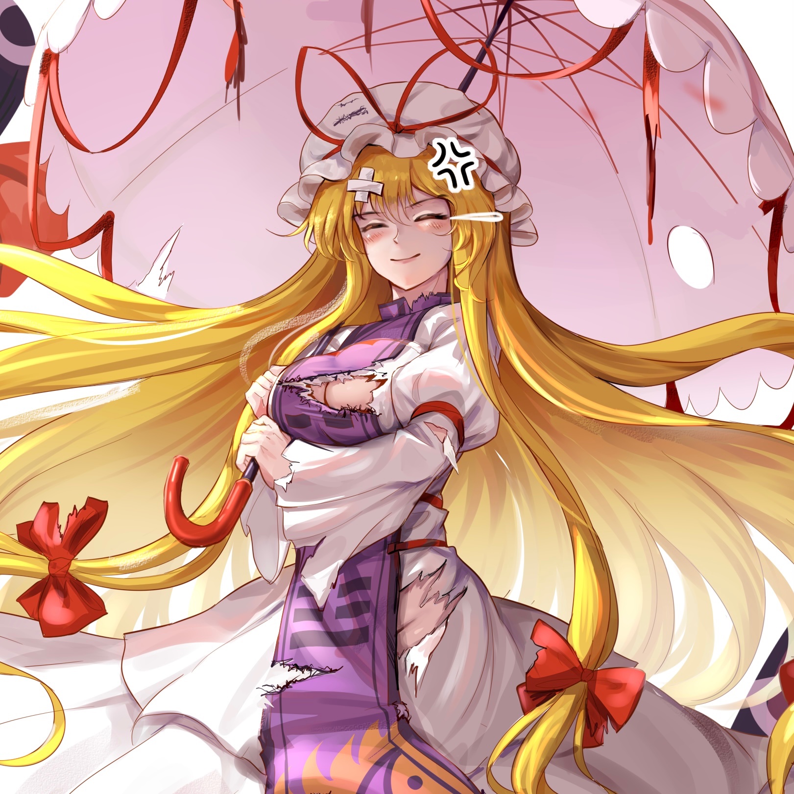 edz drawz, yakumo yukari, touhou, commentary, highres, 1girl, anger vein, blonde hair, blush, breasts, cleavage, closed mouth, dress, hair between eyes, hair ribbon, hat, holding, holding umbrella, large breasts, long hair, mob cap, no bra, no panties, purple tabard, ribbon, smile, solo, tabard, torn clothes, umbrella, very long hair, white dress