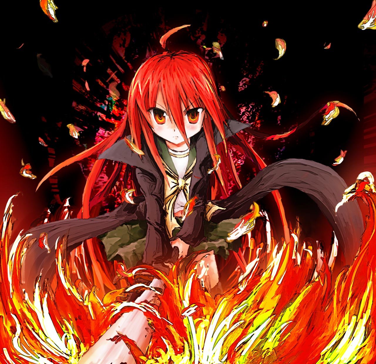 shana, shakugan no shana, commentary request, highres, revision, 1girl, ahoge, black coat, cape, closed mouth, coat, fire, green skirt, hair between eyes, holding, holding sword, holding weapon, kinzal, light blush, long hair, long hair between eyes, looking at viewer, misaki high school uniform, red eyes, red hair, school uniform, shirt, skirt, solo, summer uniform, sword, v-shaped eyebrows, weapon, white shirt