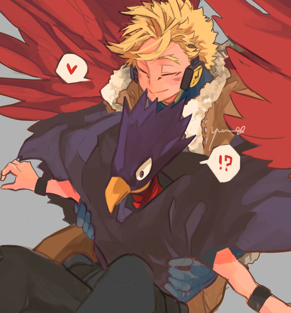 yuu tkmin, hawks (boku no hero academia), tokoyami fumikage, boku no hero academia, commentary, highres, symbol-only commentary, !?, 2boys, bird boy, black pants, black wrist cuffs, blonde hair, blue gloves, brown jacket, closed eyes, fur-trimmed jacket, fur trim, gloves, grey background, headphones, heart, jacket, male focus, multiple boys, pants, red wings, short hair, smile, spoken heart, wings, wrist cuffs