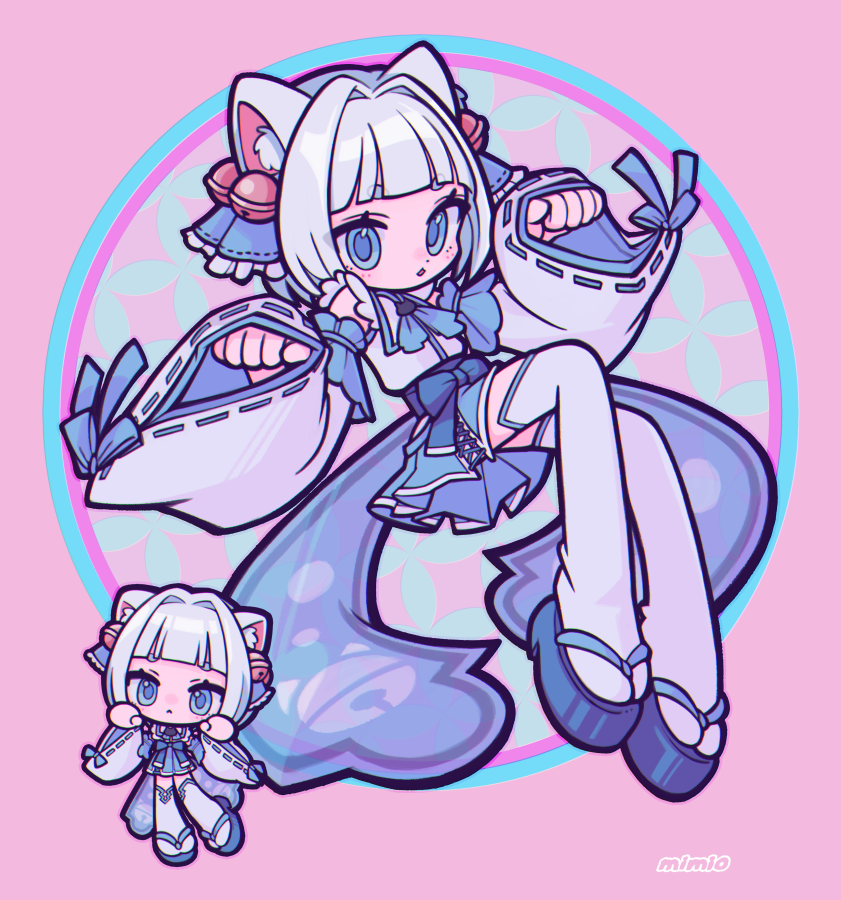 mi-mi-o, original, commentary, commission, skeb commission, 1girl, animal ears, artist logo, ascot, bell, blue ascot, blue eyes, blue skirt, cat ears, cat girl, cat tail, chibi, chibi inset, detached sleeves, hair bell, hair ornament, jingle bell, logo, looking at viewer, miniskirt, multiple views, okobo, platform sandals, ribbon-trimmed sleeves, ribbon trim, sandals, skirt, tail, thighhighs, white hair, white thighhighs, wide sleeves