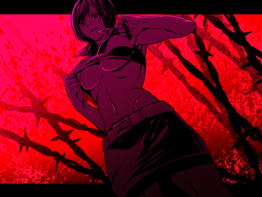 chika (piapro), shitsuki chika, meiko (vocaloid), vocaloid, 1girl, barbed wire, breasts, female focus, midriff, monochrome, navel, short hair, skirt, smile, solo, underboob