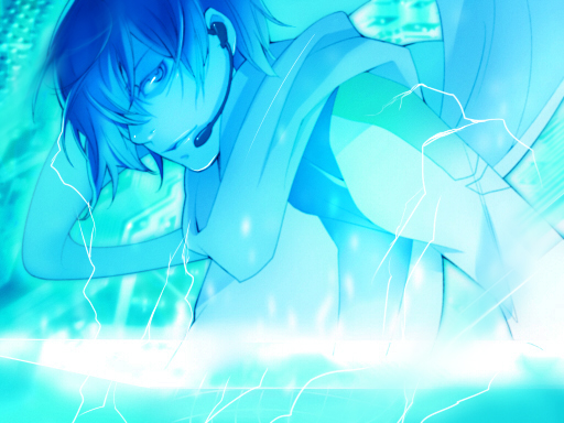 chika (piapro), shitsuki chika, kaito (vocaloid), vocaloid, 1boy, blue eyes, blue hair, blue theme, hair over one eye, headset, lightning, male focus, matching hair/eyes, monochrome, scarf, solo