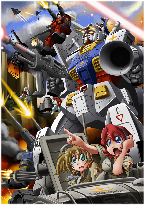siubomanjyu, core booster, gm (mobile suit), guncannon, guntank, maureen kitamura, reiko holinger, rx-78-2 gundam, white base, zaku, zaku ii, zaku ii f/j, gundam, gundam card builder, gundam side story: the blue destiny, mobile suit gundam, 2girls, battle, beam rifle, blonde hair, blue eyes, dual wielding, energy gun, explosion, fire, gatling gun, green eyes, gun, headset, holding, m1 bazooka, mecha, military, military uniform, multiple girls, red hair, robot, rocket launcher, shield, sword, tears, weapon, zaku ii f