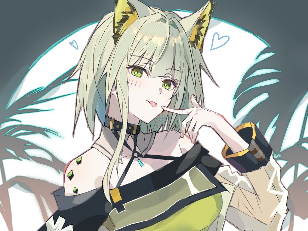 kal'tsit (arknights), arknights, commentary, 1girl, :p, animal ear fluff, animal ears, bare shoulders, breasts, cat ears, cat girl, den dendayo, dress, green dress, green eyes, green hair, looking at viewer, material growth, off-shoulder dress, off-shoulder jacket, off shoulder, oripathy lesion (arknights), solo, tongue, tongue out