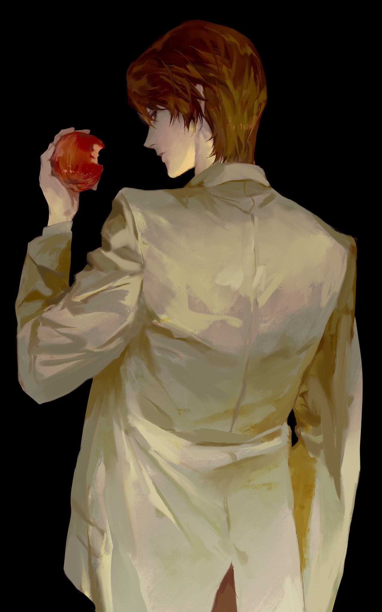 enxy, yagami light, death note, commentary, highres, symbol-only commentary, 1boy, apple, arm up, black background, brown hair, brown jacket, closed mouth, cowboy shot, food, from behind, fruit, holding, holding food, holding fruit, jacket, layered sleeves, long sleeves, looking back, male focus, short hair, simple background, solo, suit jacket