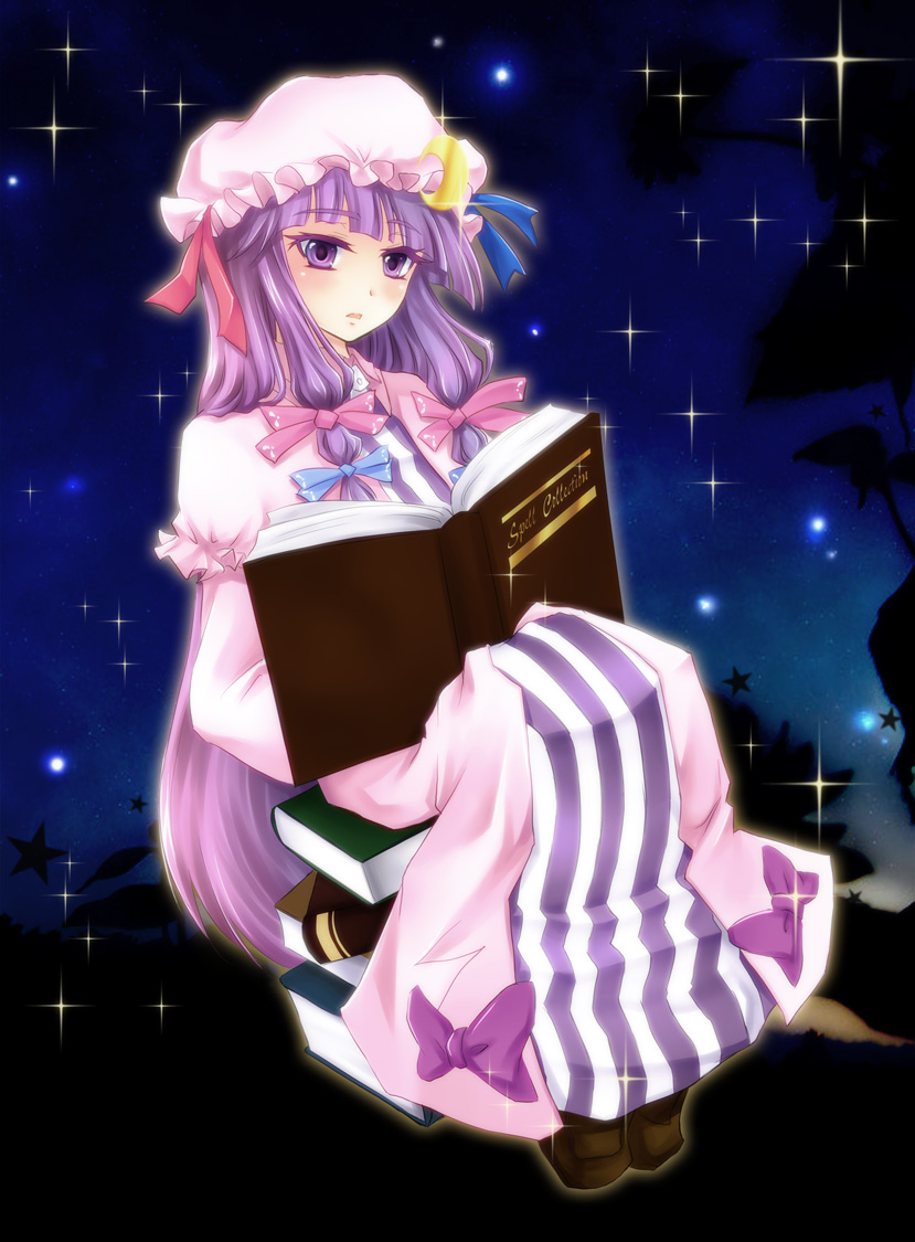 asm, patchouli knowledge, touhou, 1girl, book, bow, female focus, hat, long hair, pink bow, purple eyes, purple hair, solo