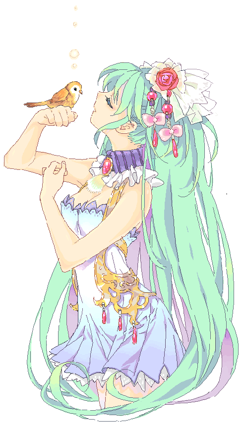 heysho, hatsune miku, vocaloid, bad id, bad pixiv id, 1girl, aqua hair, bird, bird on hand, breasts, cleavage, closed eyes, dress, female focus, flower, hair ornament, long hair, red flower, red rose, rose, solo, very long hair