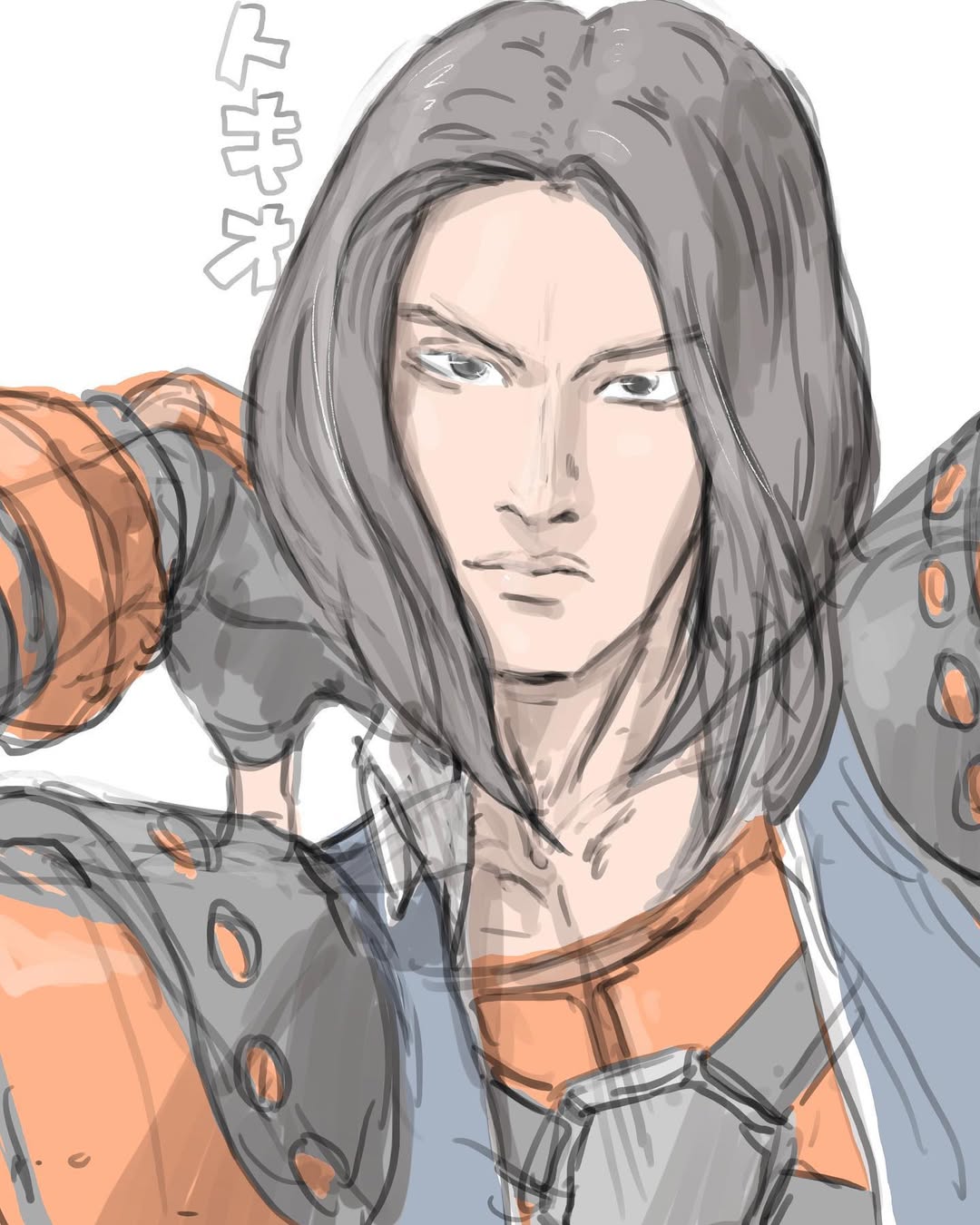 nom1207, tokio (fighting vipers), fighting vipers, sega, 1boy, arm up, armor, black eyes, black hair, frown, gloves, jacket, long hair, portrait, shoulder pads, sketch