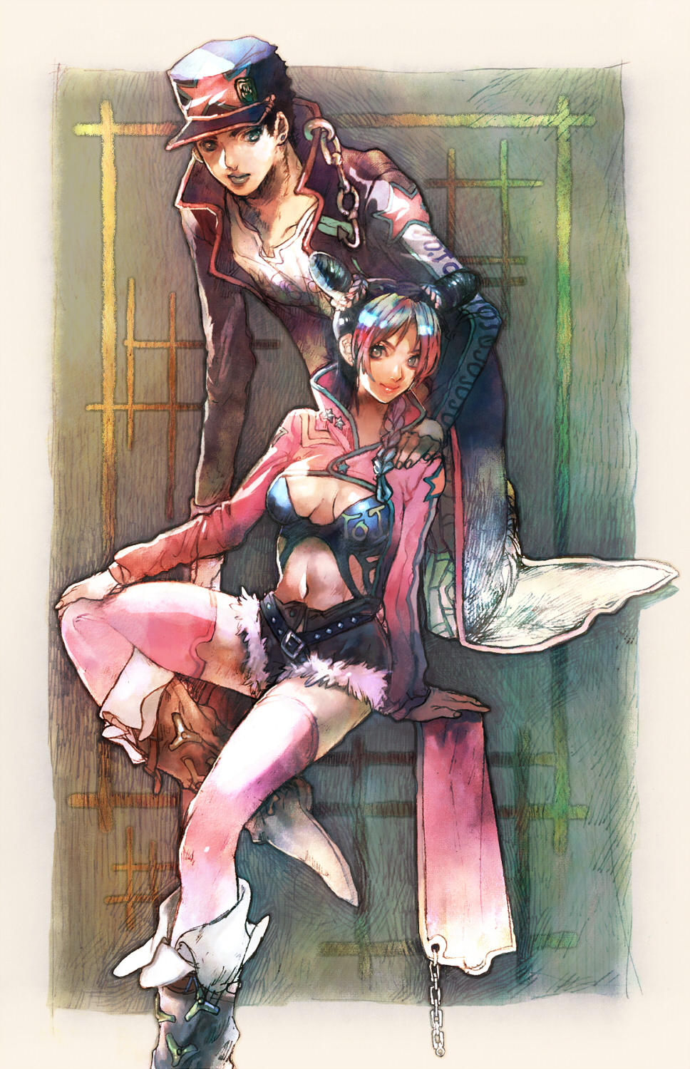 aoki (fumomo), kuujou jolyne, kuujou joutarou, jojo no kimyou na bouken, stone ocean, bad id, bad pixiv id, highres, 1boy, 1girl, age difference, boots, braid, chain, double bun, father and daughter, hat, lips, multicolored hair, thighhighs