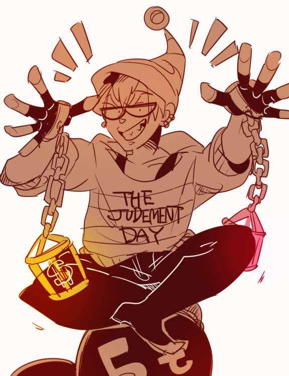 uno uno, judgement boy (gregory horror show), gregory horror show, commentary request, 1boy, ^^^, bare shoulders, cage, crossed ankles, dated commentary, dollar sign, earrings, fingerless gloves, full body, glasses, gloves, hands up, hat ring, humanization, indian style, jewelry, looking at viewer, male focus, open hand, open hands, outstretched hand, sharp teeth, short-sleeved sweater, short hair, short sleeves, simple background, sitting, sitting on object, smile, solo, spot color, spread fingers, straight-on, striped clothes, striped headwear, striped sweater, sweater, teeth, weights, white background