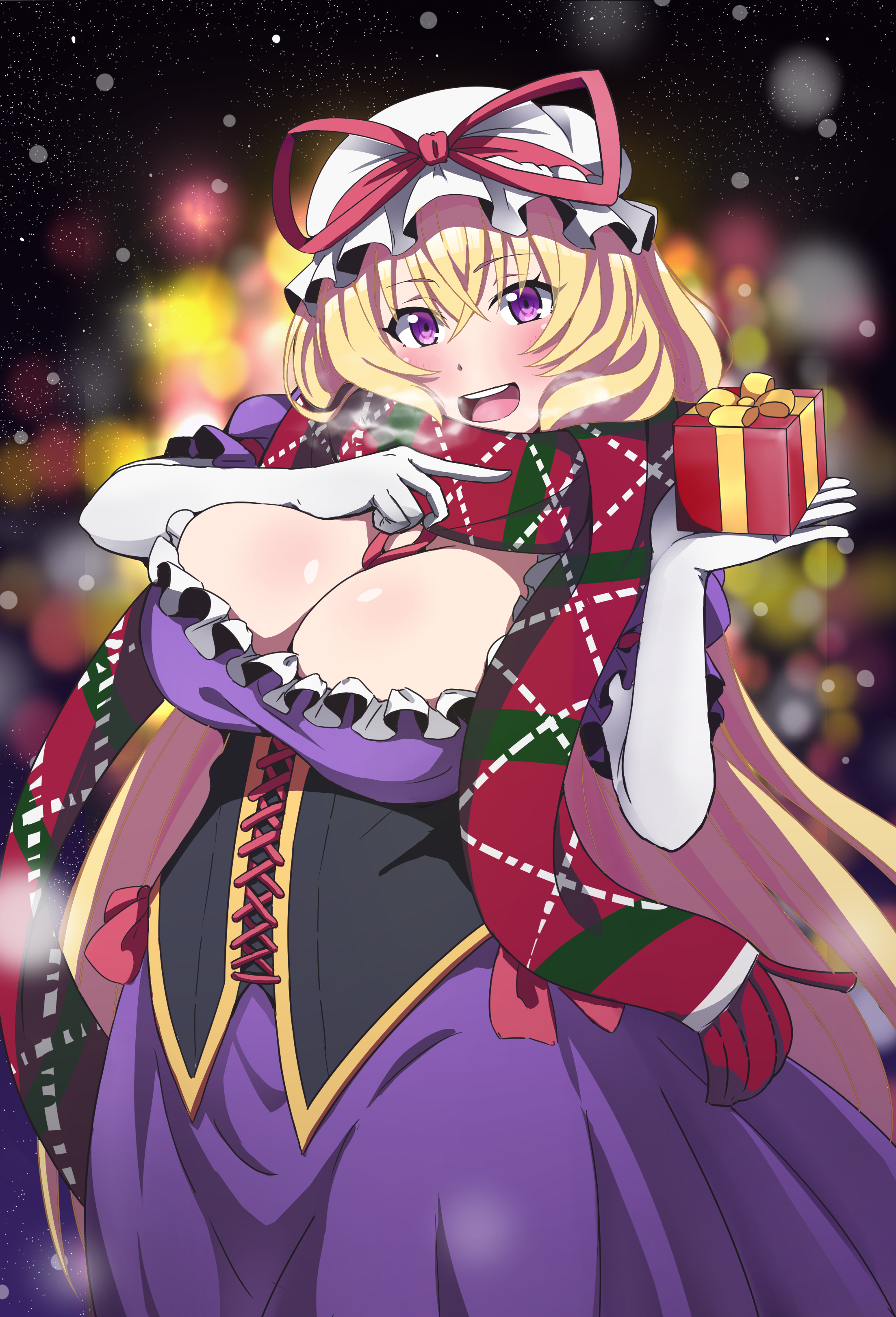 kyoukyan, yakumo yukari, touhou, absurdres, commentary request, highres, 1girl, blonde hair, blurry, blurry background, blush, breasts, christmas present, cleavage, corset, dress, elbow gloves, frills, gift, gloves, hair between eyes, hat, holding, holding gift, large breasts, long hair, mob cap, parted lips, purple dress, purple eyes, red scarf, scarf, short sleeves, smile, snowing, solo, steam, teeth, upper teeth only, very long hair, white gloves