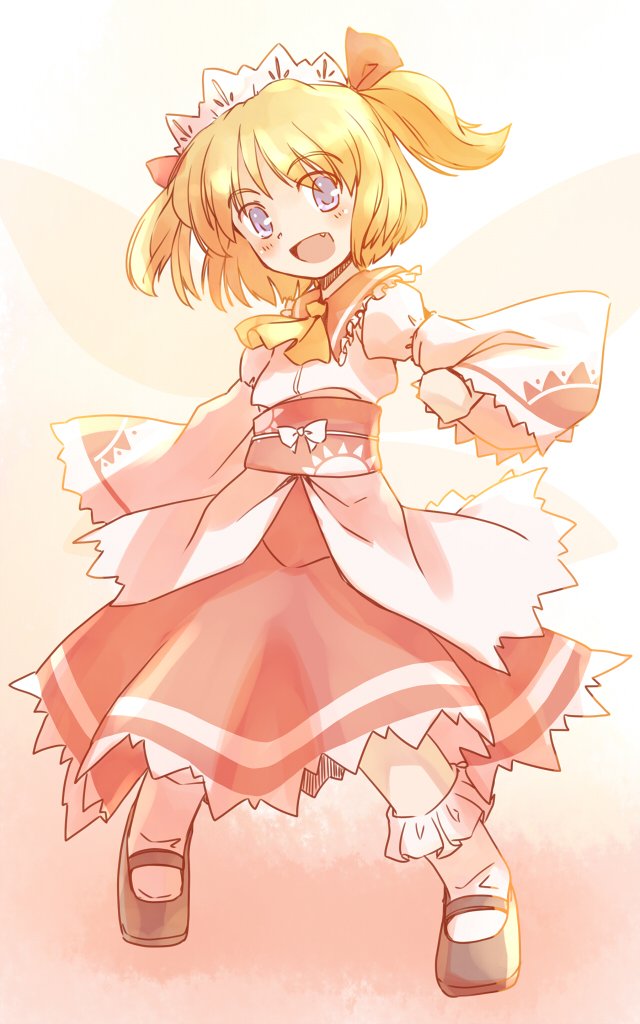 rangycrow, sunny milk, touhou, commentary request, 1girl, :d, ascot, black shoes, blonde hair, blue eyes, blush, fairy, fairy wings, fang, frilled shirt collar, frills, full body, hair ribbon, headdress, juliet sleeves, long sleeves, mary janes, one-hour drawing challenge, open mouth, orange background, puffy sleeves, red ribbon, red sash, red skirt, ribbon, sash, shirt, shoes, short hair, skirt, smile, socks, solo, sun print, twintails, white shirt, white socks, wings, yellow ascot