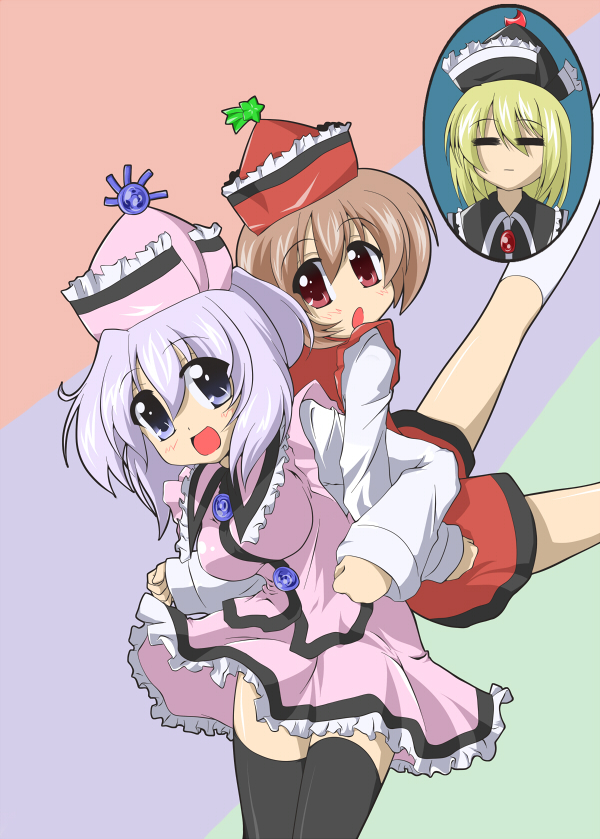 ascii winter village, fuyumura asuki, touson asuki, lunasa prismriver, lyrica prismriver, merlin prismriver, touhou, light purple hair, 3girls, = =, black socks, black thighhighs, blonde hair, brown eyes, dress, female focus, hat, kneehighs, multiple girls, purple eyes, red eyes, short hair, siblings, sisters, socks, thighhighs, white socks