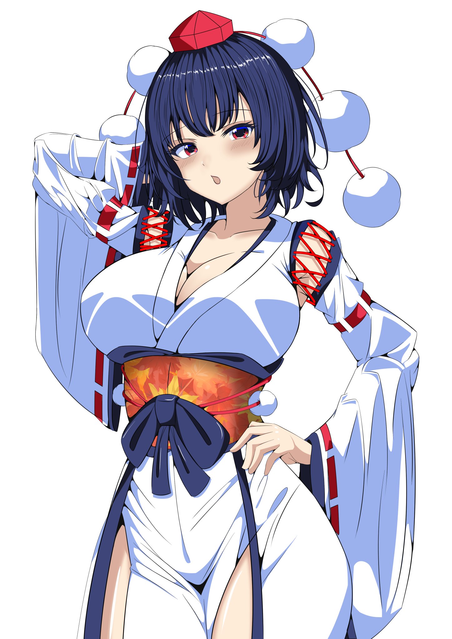 kitaura kasumi, shameimaru aya, touhou, commentary request, highres, 1girl, arm behind head, arm up, armpit crease, black hair, black ribbon, black trim, breasts, cleavage, collarbone, cowboy shot, detached sleeves, hand on own hip, hat, japanese clothes, kimono, kourindou tengu costume, large breasts, long sleeves, looking at viewer, obi, obijime, open mouth, pelvic curtain, red eyes, red sash, ribbon, ribbon-trimmed sleeves, ribbon trim, sash, short hair, side slit, simple background, solo, standing, tokin hat, white background, white kimono, wide sleeves