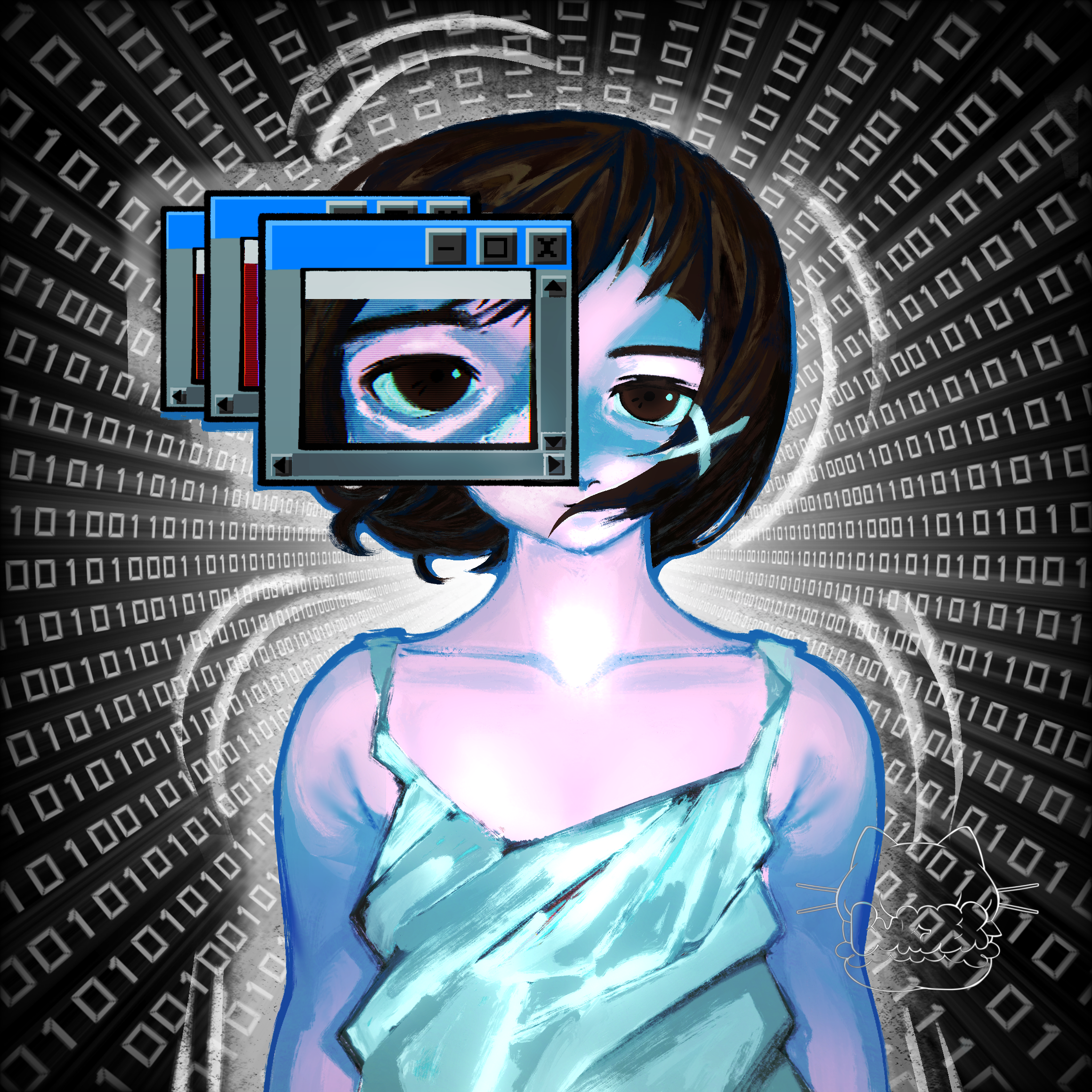 iwakura lain, microsoft windows, serial experiments lain, highres, 1girl, binary code, black background, brown hair, colored skin, covered mouth, hair ornament, invadrcat, pink skin, tank top, white tank top, window (computing), x hair ornament