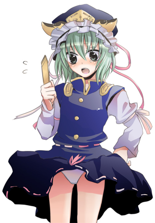 yuta (ricochetsmain), shiki eiki, touhou, bad id, bad pixiv id, 1girl, female focus, green eyes, green hair, hat, matching hair/eyes, panties, rod of remorse, short hair, solo, tears, underwear, upskirt, white panties