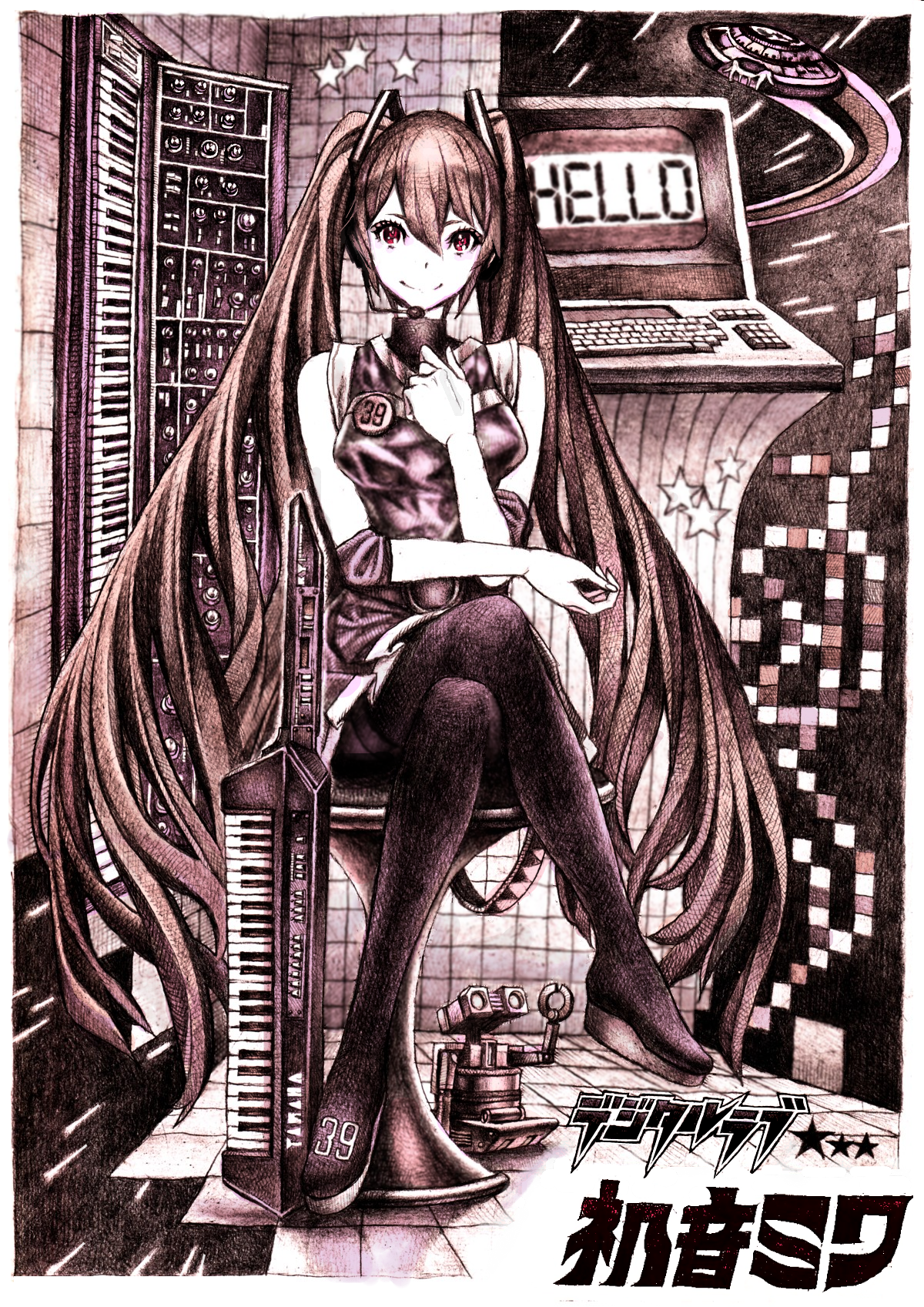nobita (makoto7060355), hatsune miku, vocaloid, highres, crossed legs, instrument, legs, long hair, monochrome, purple theme, red eyes, sitting, solo, spot color, synthesizer, thighhighs, twintails, very long hair