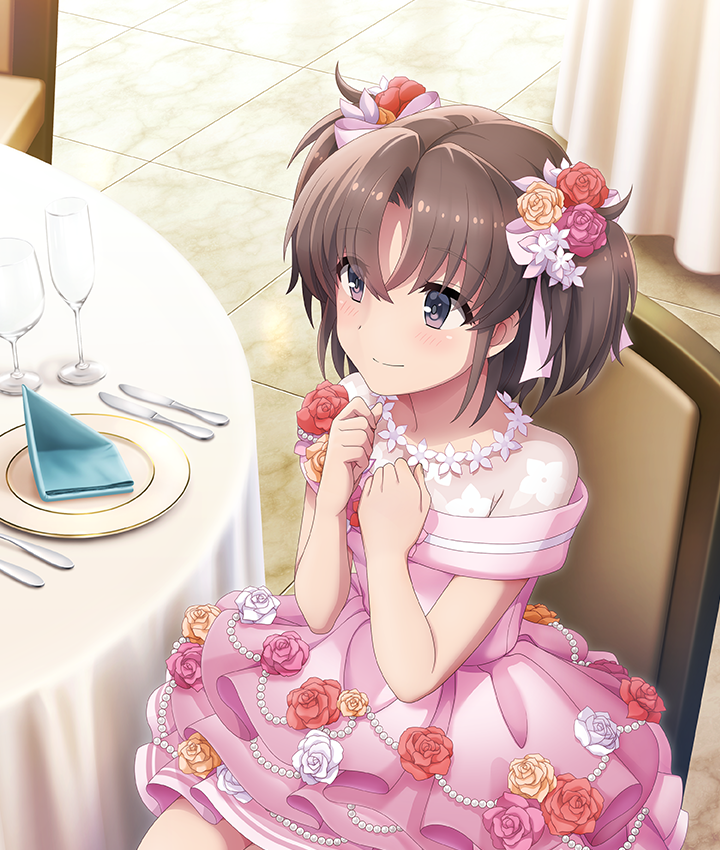 inami suu, toji no miko, toji no miko: kizamishi issen no tomoshibi, game cg, official art, third-party source, 1girl, blush, bow, chair, champagne flute, closed mouth, cup, dot nose, dress, drinking glass, floral print, flower, folded napkin, formal clothes, hair bow, hands up, knife, napkin, off-shoulder dress, off shoulder, on chair, pink bow, pink dress, pink flower, pink rose, plate, purple eyes, red flower, red rose, rose, round table, see-through clothes, sidelocks, sitting, smile, solo, string of pearls, table, tablecloth, tile floor, tiles, white flower, white rose, yellow flower, yellow rose