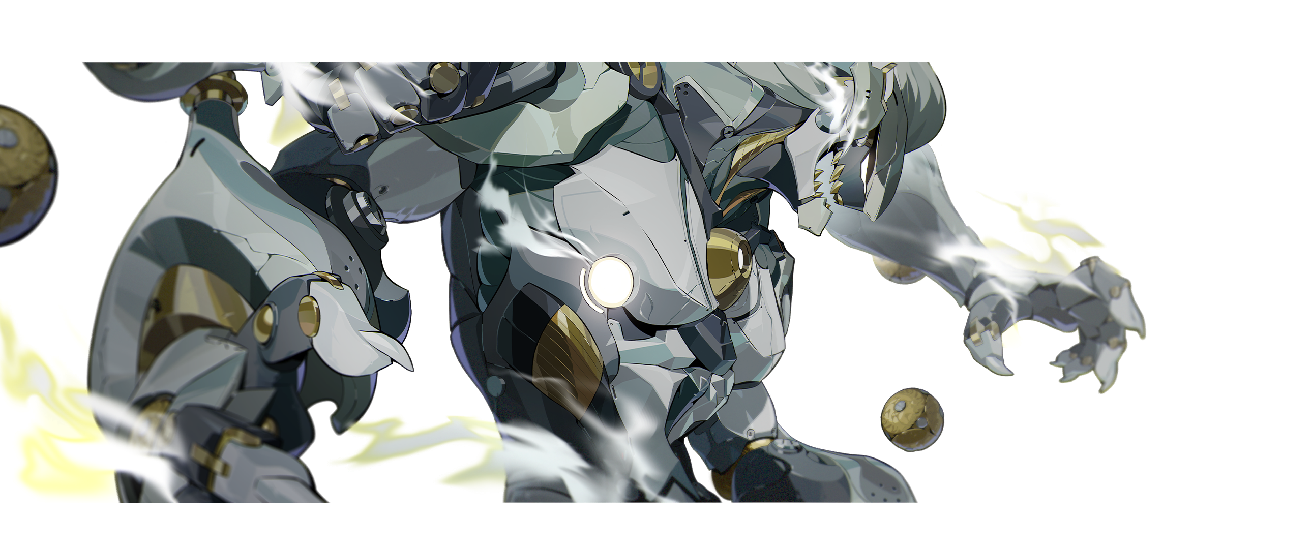 banyue (zenless zone zero), zenless zone zero, commentary, english commentary, highres, 1boy, artificial eye, claws, extra arms, floating ball, grey hair, humanoid robot, mechanical eye, mechanical hands, metal skin, mindscape cinema (zenless zone zero), muscular, muscular male, open mouth, orb, robot, robot boy, sharp teeth, simple background, solo, teeth