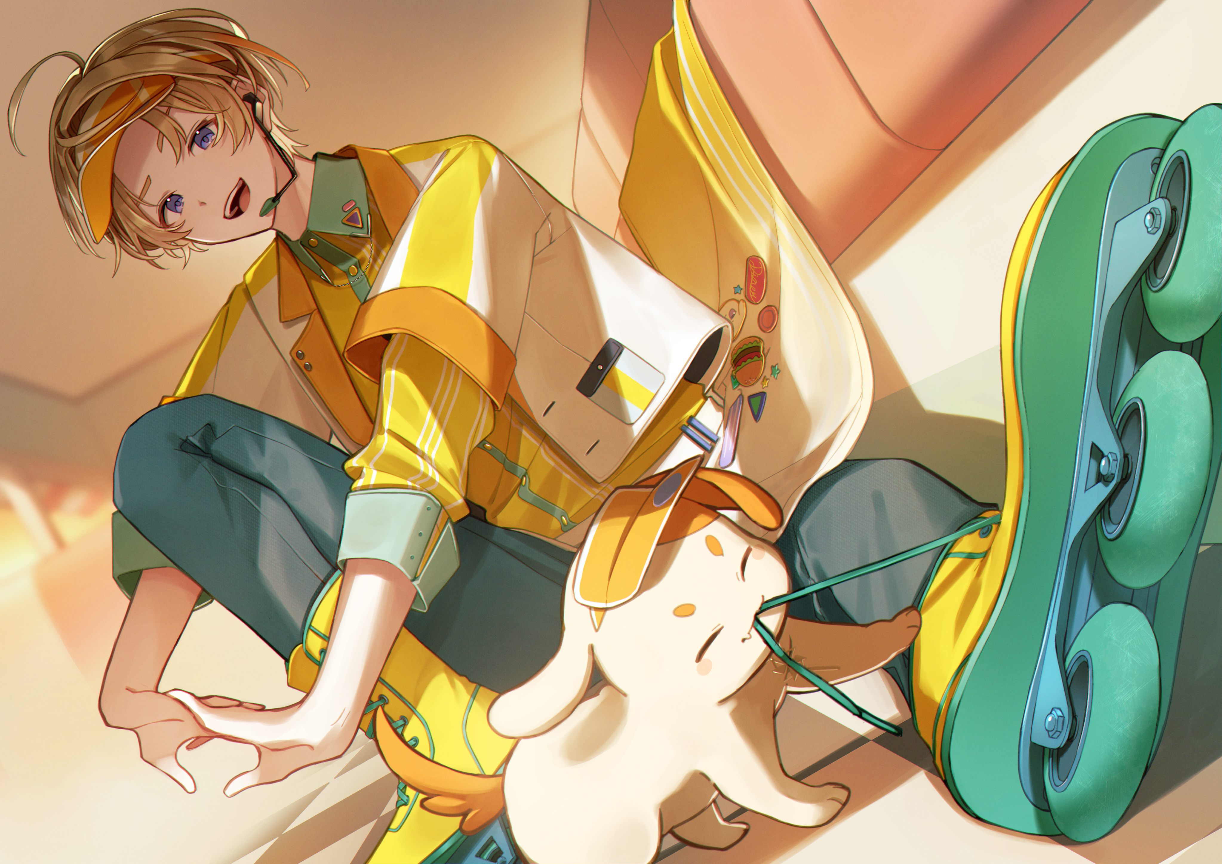 jisshu, fura kanato, nijisanji, absurdres, commentary, highres, 1boy, animal, blonde hair, blue pants, closed eyes, collared shirt, cropped jacket, denim, dog, indoors, inline skates, interlocked fingers, jacket, jeans, kiironoko (fura kanato), male focus, multicolored hair, orange hair, pants, roller skates, shadow, shirt, short hair, sitting, skates, solo, streaked hair, stretching, virtual youtuber, visor cap, white jacket, yellow shirt