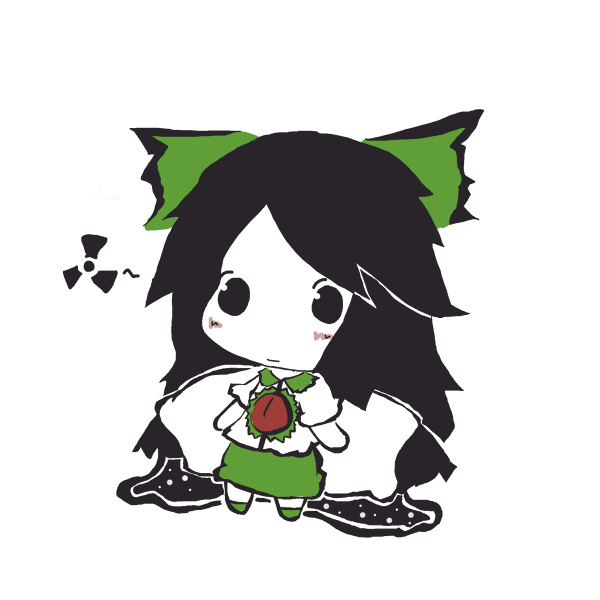okami (kami soubi), reiuji utsuho, touhou, 1girl, black eyes, black hair, blouse, bow, cape, chibi, female focus, hair bow, shirt, skirt, solo