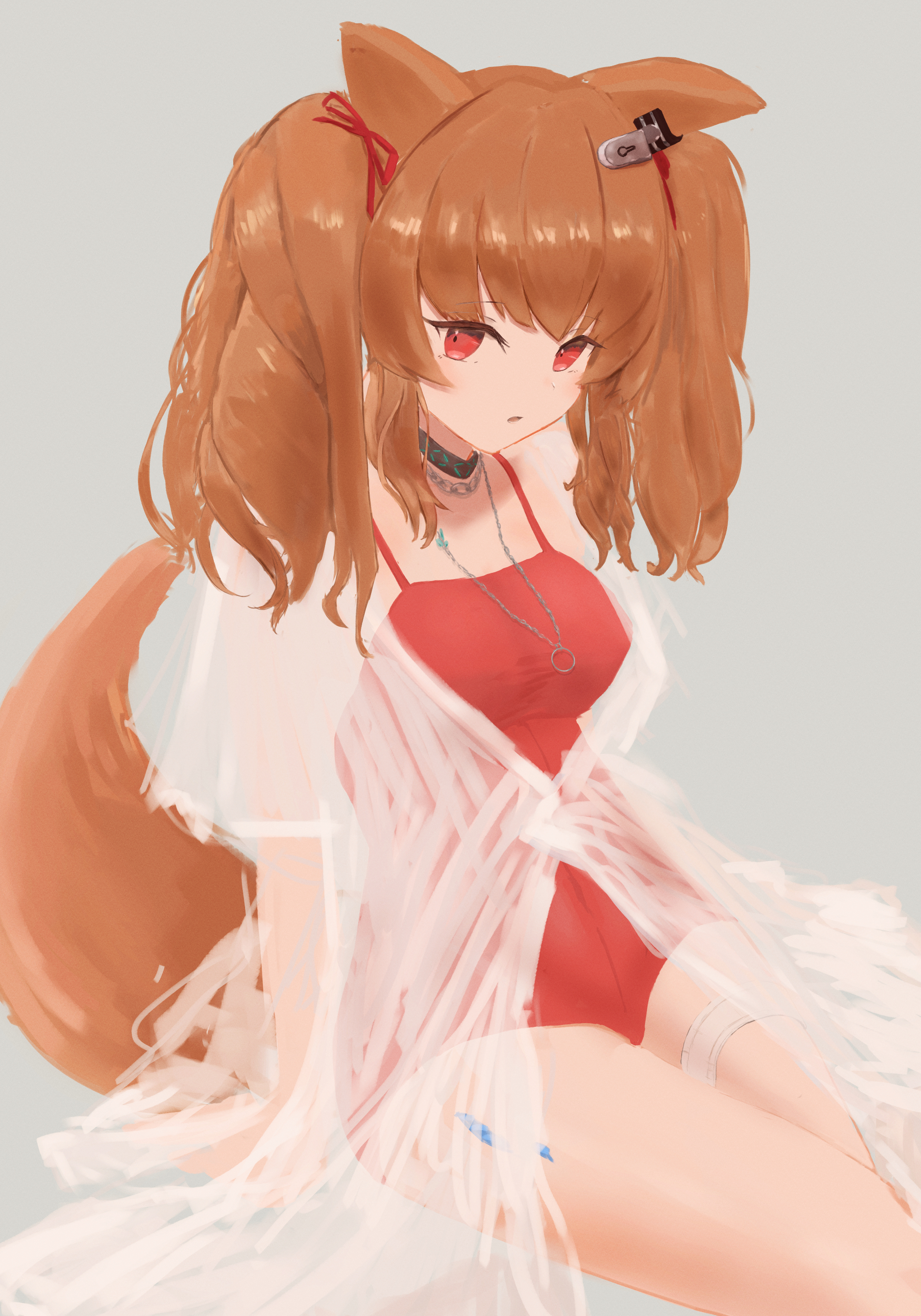 angelina (arknights), angelina (summer flower) (arknights), infection monitor (arknights), arknights, absurdres, commentary, highres, 1girl, :o, animal ears, belt, black collar, breasts, brown hair, casual one-piece swimsuit, chain, chain necklace, collar, ears down, fox ears, fox girl, fox tail, grey background, hair ribbon, impossible clothes, impossible swimsuit, jewelry, long hair, looking at viewer, material growth, medium breasts, necklace, official alternate costume, one-piece swimsuit, open mouth, oripathy lesion (arknights), red eyes, red one-piece swimsuit, red ribbon, ribbon, sidelocks, simple background, solo, spaghetti strap, swimsuit, swimsuit cover-up, tail, thigh belt, thigh strap, tsukizu, twintails, white belt