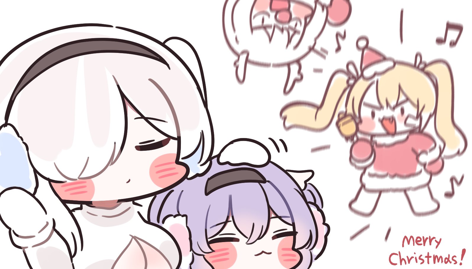 mming (mmingis18), cinderella (nikke), drake (nikke), laplace (nikke), liberalio (nikke), goddess of victory: nikke, loud, commentary, hashtag-only commentary, symbol-only commentary, 4girls, :3, antlers, bell, blonde hair, blurry, blurry background, blush, breasts, chibi, cleavage, cleavage cutout, closed eyes, clothing cutout, earmuffs, fang, hair over one eye, hand up, hat, headpat, holding, holding bell, horns, merry christmas, multiple girls, musical note, open mouth, purple hair, red nose, reindeer antlers, santa costume, santa hat, short hair, simple background, smile, twintails, upside-down, white background, white hair