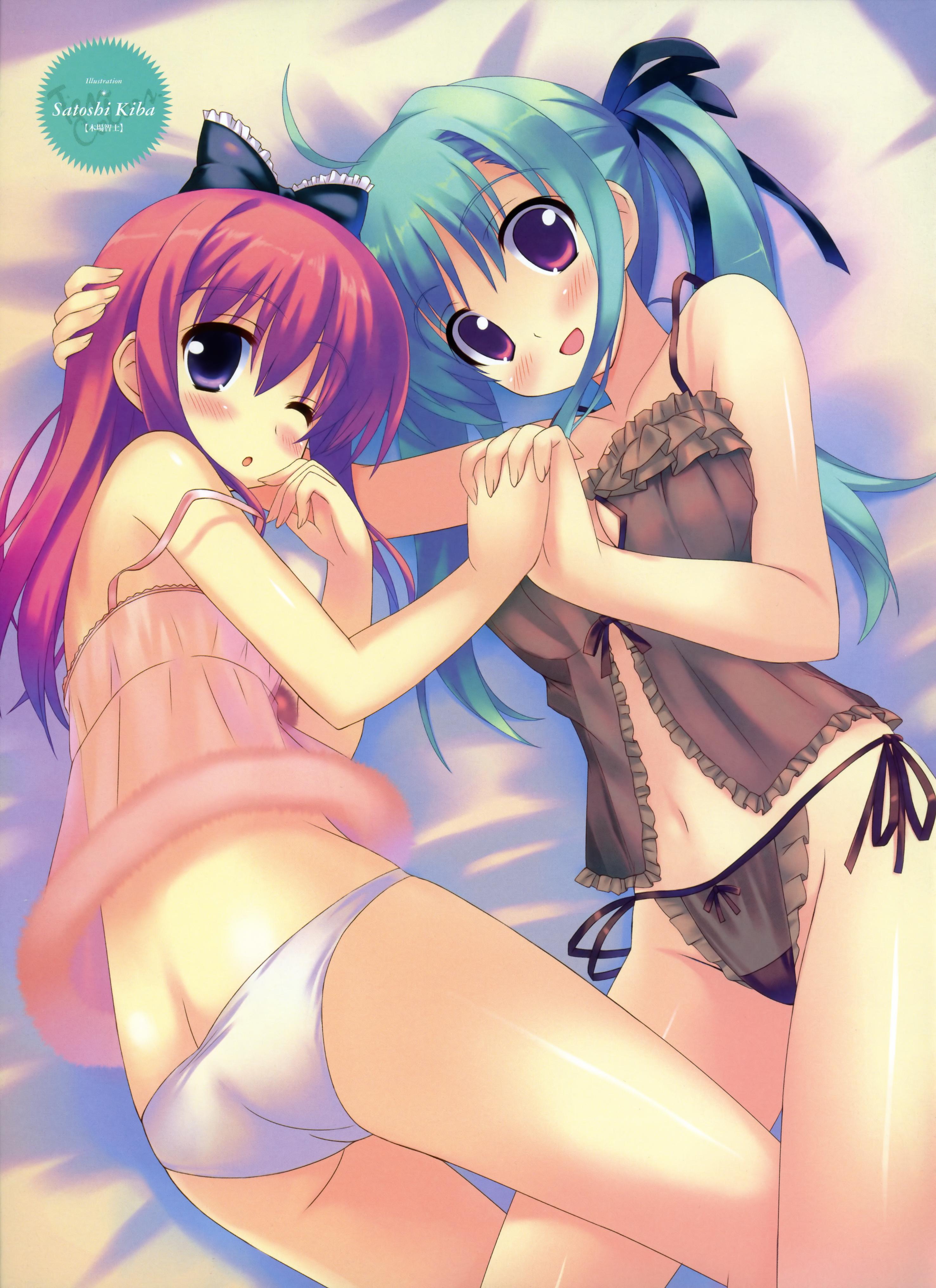 kiba satoshi, absurdres, highres, 2girls, ass, babydoll, bed, blush, breasts, butt crack, green hair, holding hands, leg between thighs, lingerie, loli, long hair, medium breasts, multiple girls, one eye closed, panties, pink eyes, pink hair, ponytail, purple eyes, see-through clothes, side-tie panties, small breasts, strap slip, underwear, white panties, wink